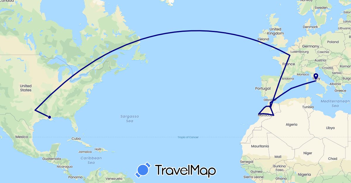 TravelMap itinerary: driving in Spain, France, Italy, Morocco, United States (Africa, Europe, North America)